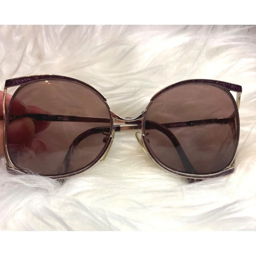 Oversized Retro Square Sunglasses Vtg Tiara Mod 235 Purple Marble Gold tone